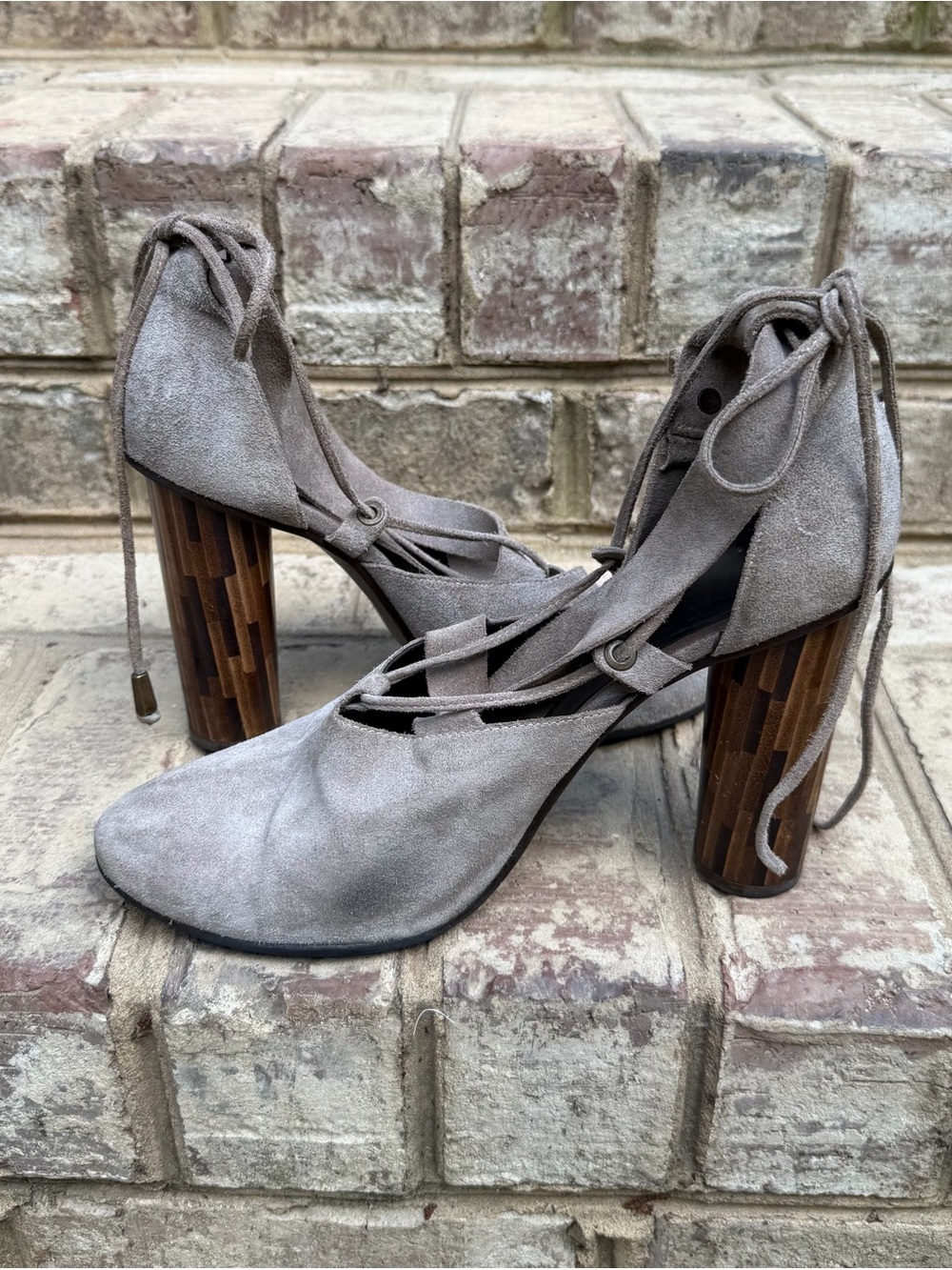 Free People Nouvella Taupe Suede Lace-Up Block Heels EU 40 Boho